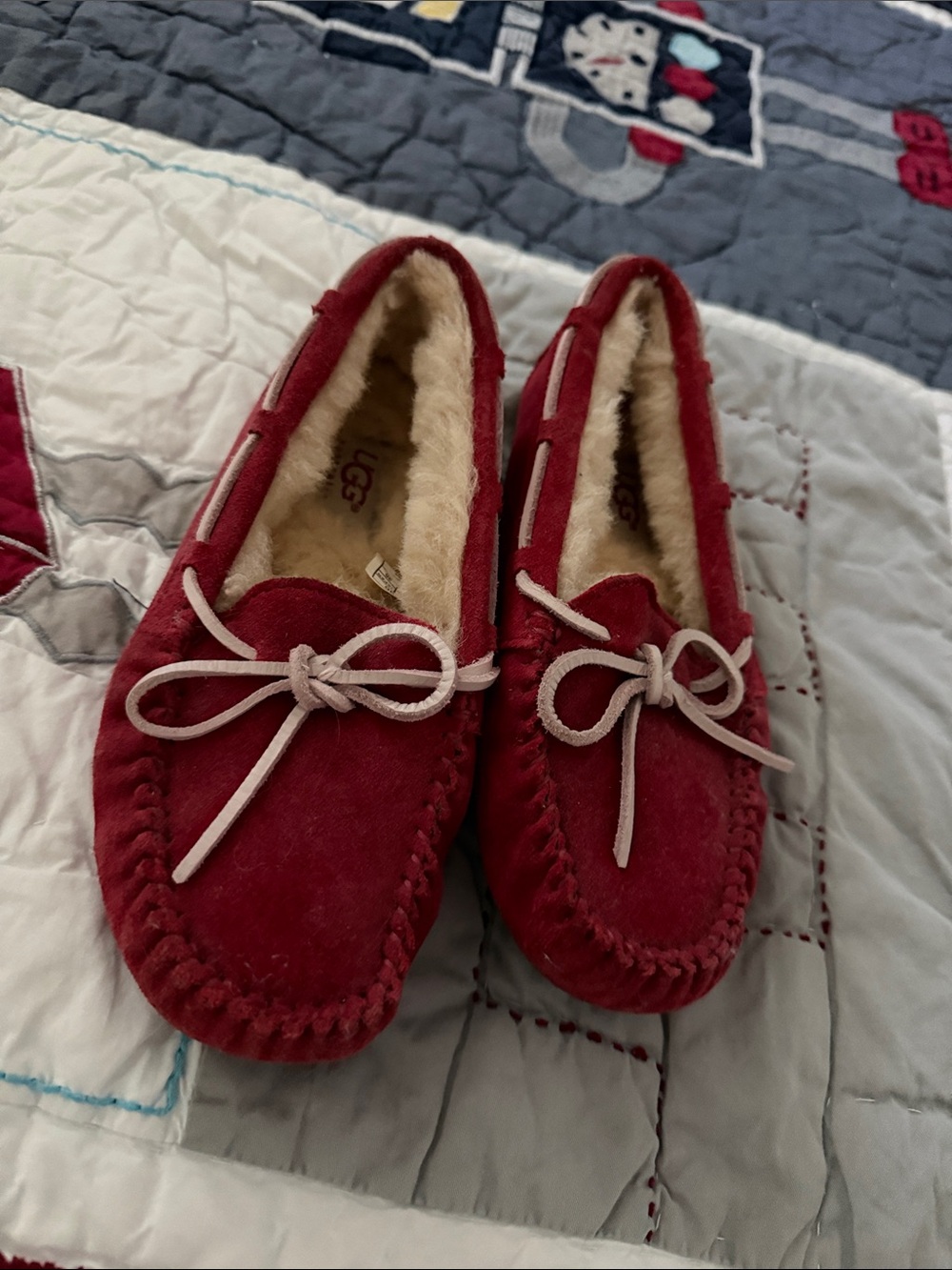 UGG Women’s Red Suede Moccasin Slippers with Bow Trim